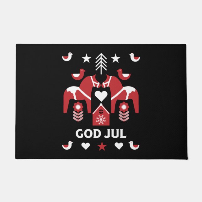 God Jul Swedish Folk Art   Doormat (Front)