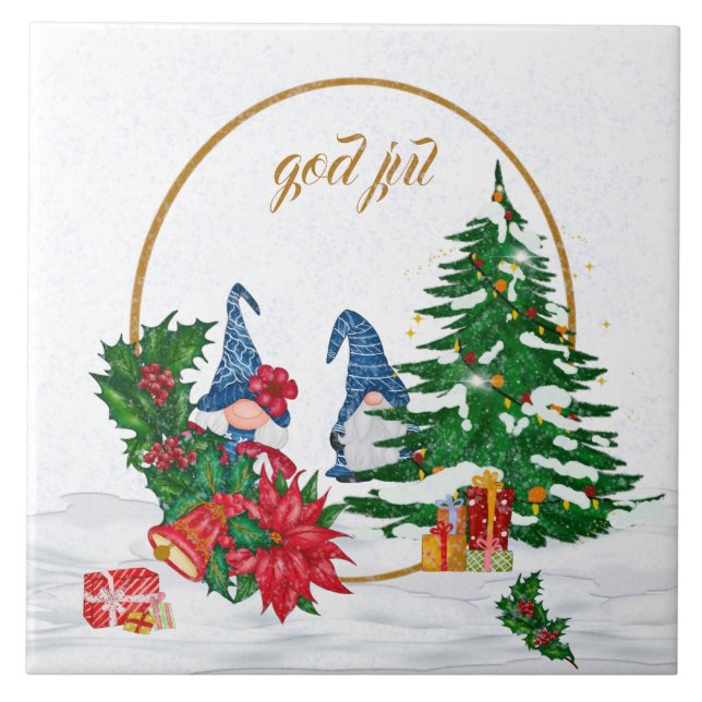 God Jul Swedish Gnomes Blue  Couple Ceramic Tile (Front)