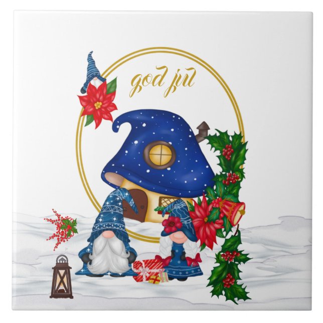 God Jul Swedish Gnomes  Ceramic Tile (Front)