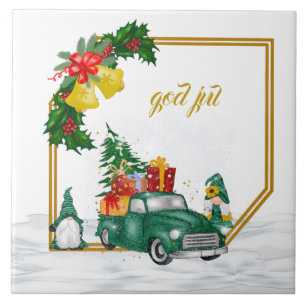 God Jul Swedish Gnomes Green Couple Ceramic Tile