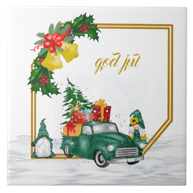 God Jul Swedish Gnomes Green Couple Ceramic Tile (Front)