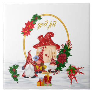 God Jul Swedish Gnomes Red Family Ceramic Tile