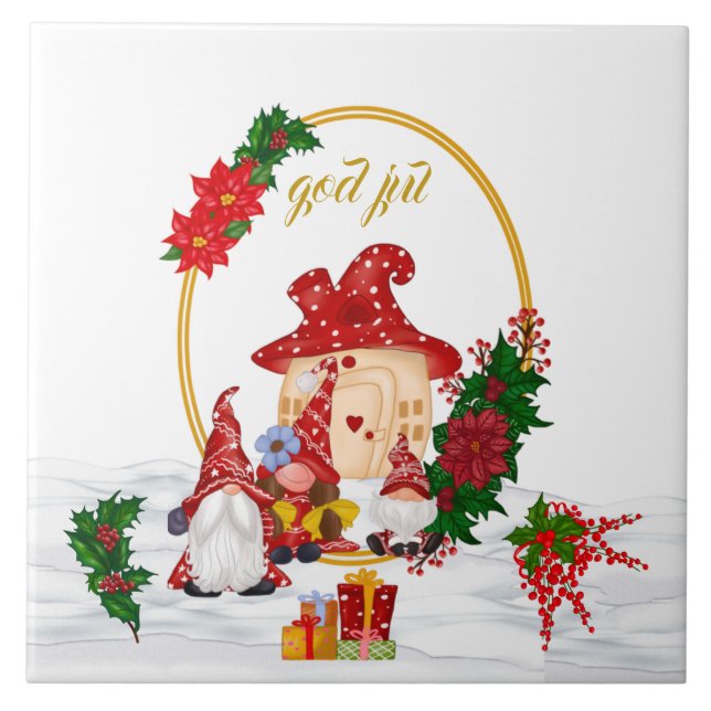 God Jul Swedish Gnomes Red Family Ceramic Tile (Front)