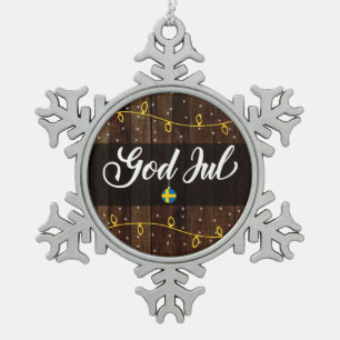 God Jul Swedish Merry Christmas, Sweden Snowflake Pewter Christmas Ornament