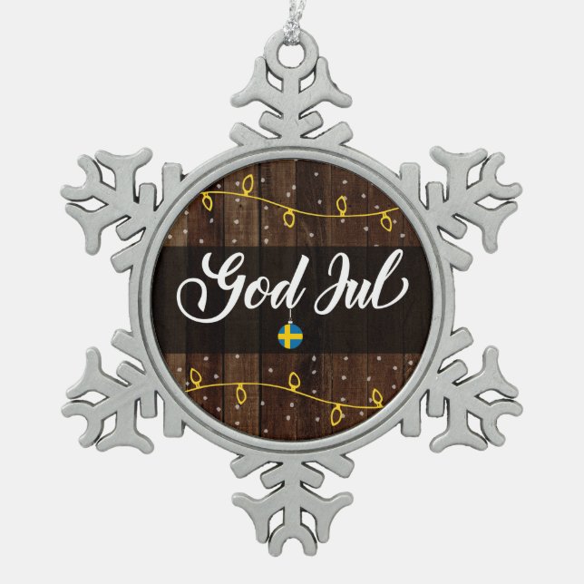 God Jul Swedish Merry Christmas, Sweden Snowflake Pewter Christmas Ornament (Front)