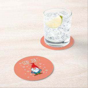 God Jul, Swedish Tomte Gnome, Scandinavian Merry Round Paper Coaster