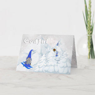 God jul tomte snow skiing Sweden woodland modern Holiday Card