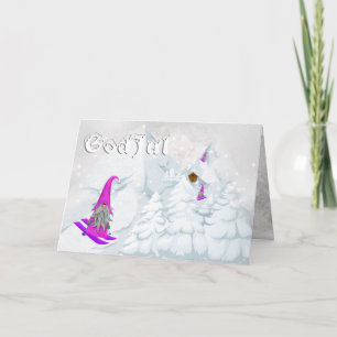 God jul tomte snow skiing Swedish woodland modern Holiday Card