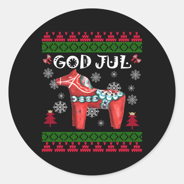 God Jul Ugly Scandinavian Dala Horse Classic Round Sticker (Front)