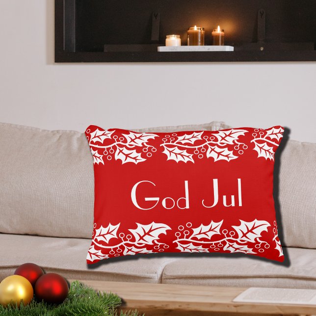 God Jul white hollies in red - Decorative Cushion (Creator Uploaded)