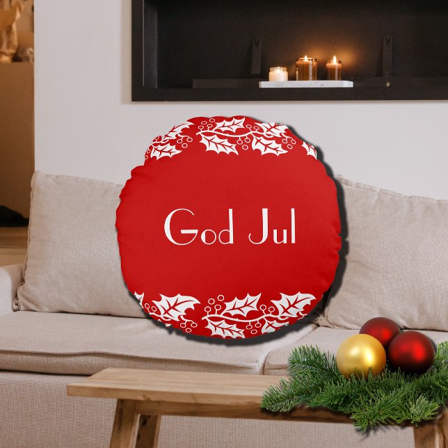 God Jul white hollies in red - Round Cushion (Creator Uploaded)