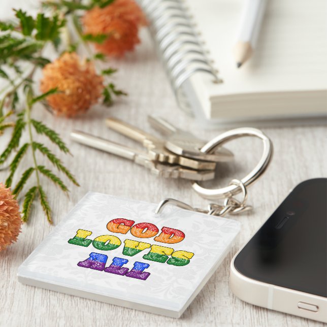 "God Loves All" Gay/LGBTQIA+/Queer Christian Pride Key Ring (Front Right)
