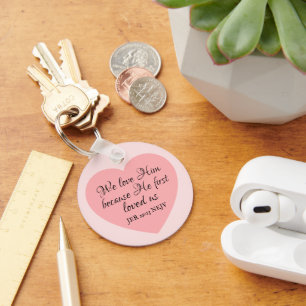 God Loves You Bible Verse Pinkish Red Heart Simple Key Ring