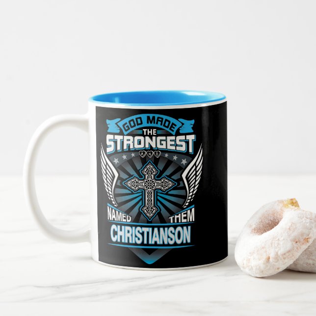 God Made The Strongest And Named Them Christianson Two-Tone Coffee Mug (With Donut)
