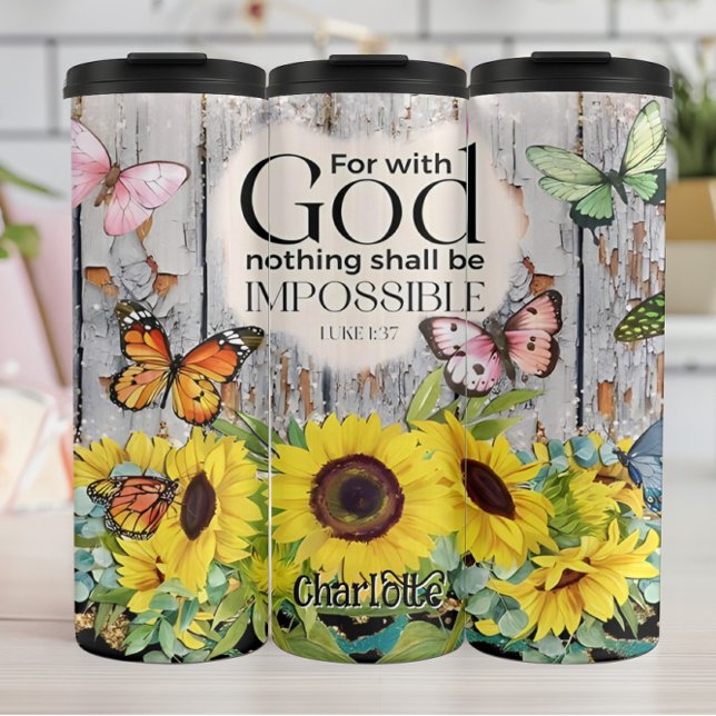 God Nothing Impossible: Sunflowers Butterflies Thermal Tumbler (Creator Uploaded)