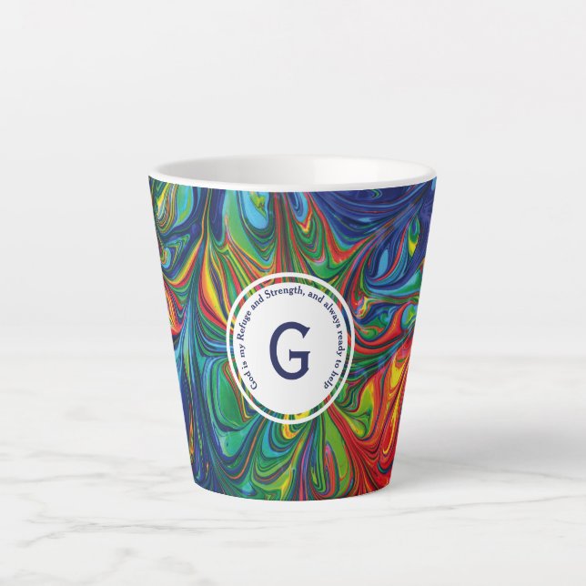 GOD REFUGE STRENGTH Abstract Monogram Custom BLUE Latte Mug (Front)
