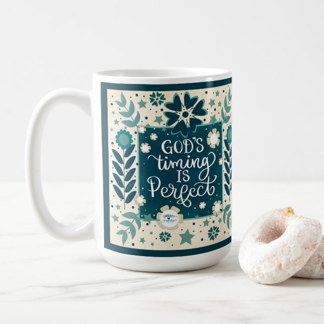 God’s Timing Teal Blue Inspiring Quote Inspirivity Coffee Mug (With Donut)