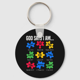 God Says I Am Autism Awareness Day Puzzle Pieces C Key Ring