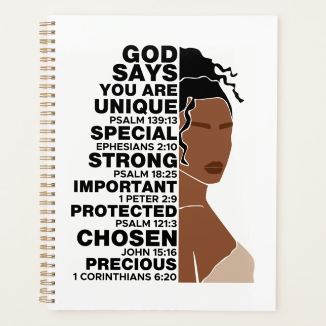God Says I Am Beautiful Black Queen Melanin Woman Planner (Front)