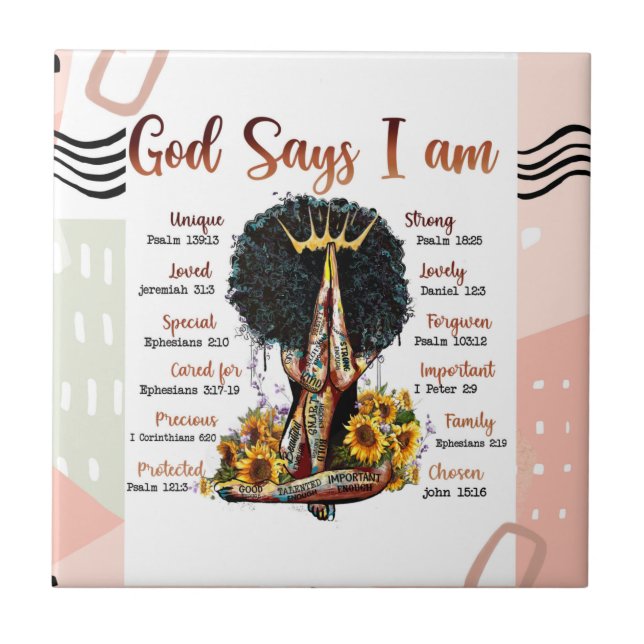 God Says I AM Black Christian Women Ceramic Tile (Front)