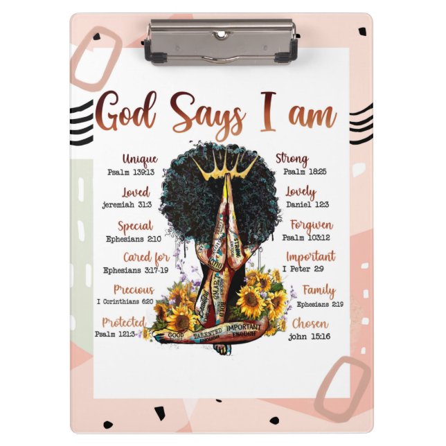 God Says I AM Black Christian Women Clipboard (Front)
