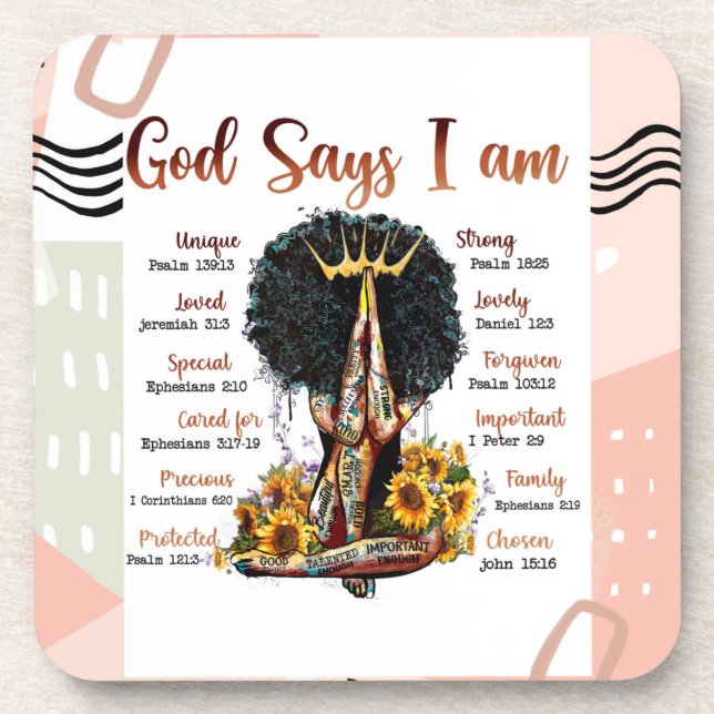 God Says I AM Black Christian Women Melanin Sista Coaster (Front)