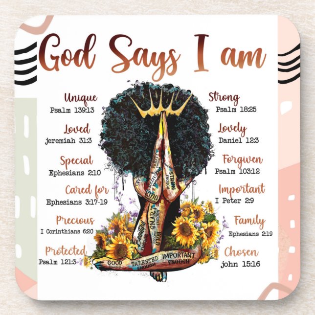 God Says I AM Black Christian Women Sista Melanin Coaster (Front)