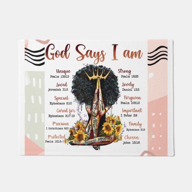 God Says I AM Black Christian Women Sista Melanin Doormat (Front)