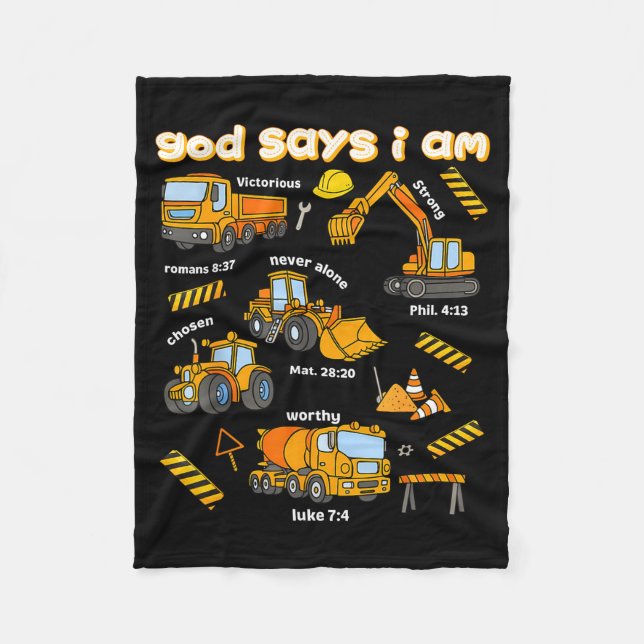 God Says I Am Christian Bible Verses Boys Construc Fleece Blanket (Front)