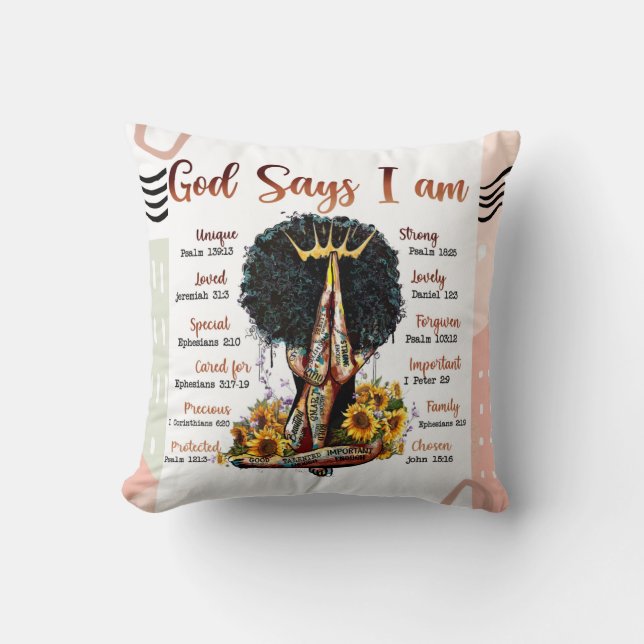 God Says I Am Christian Melanin Sista Black Woman Cushion (Front)
