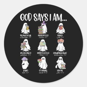 God Says I Am Cute Ghost Reading Books Halloween B Classic Round Sticker