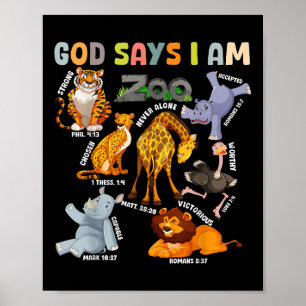 God Says I Am Zoo Animals Toddler Kids Bible Verse Poster
