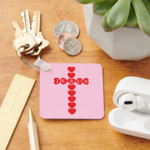 God So Loved the World Red Heart Cross Pink Name Key Ring