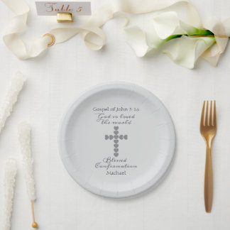 God So Loved the World Silver Heart Cross Grey Paper Plate