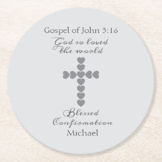 God So Loved the World Silver Heart Cross Grey Round Paper Coaster