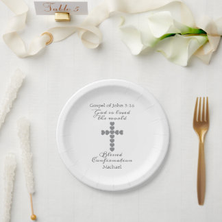 God So Loved the World Silver Heart Cross White Paper Plate