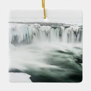 Godafoss waterfall, winter, Iceland Ceramic Tree Decoration