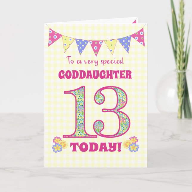 Goddaughter 13th Birthday Primroses Bunting Card (Front)