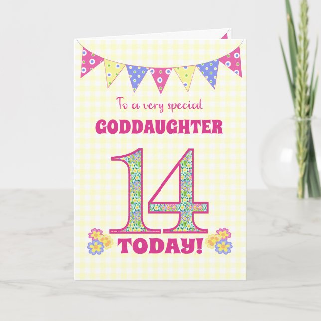 Goddaughter 14th Birthday Primroses Bunting Card (Front)