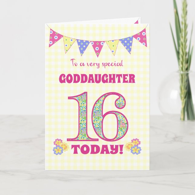 Goddaughter 16th Birthday Primroses Bunting Card (Front)