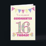 Goddaughter 16th Birthday Primroses Bunting Card<br><div class="desc">A pretty 16th Birthday card for your goddaughter, with polka dot bunting, primrose flowers and numbers filled with a primrose pattern, all on a pale yellow check gingham background. The front cover message is, 'To a very special GODDAUGHTER 16 TODAY!' The inside message is just a suggestion and you can...</div>