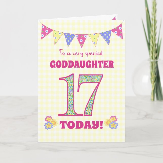 Goddaughter 17th Birthday Primroses Bunting Card (Front)