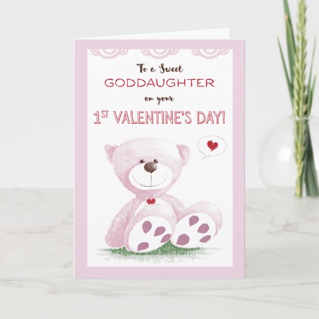 Goddaughter, 1st Valentine's Day, Pink Teddy Bear Holiday Card (Front)