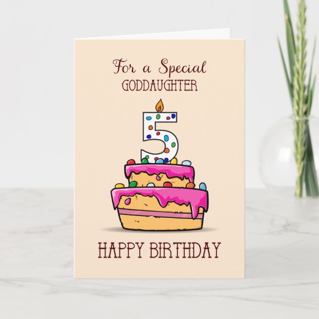 Goddaughter 5th Birthday, 5 on Sweet Pink Cake Card (Front)