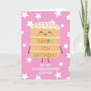 Goddaughter 7th Birthday Cute Cake Custom Pink Card