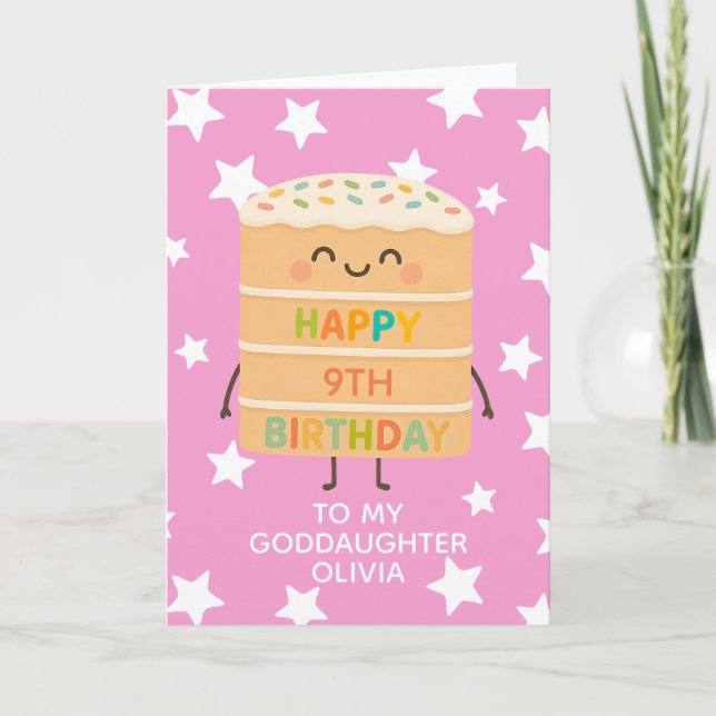 Goddaughter 9th Birthday Cute Cake Custom Pink Card (Front)