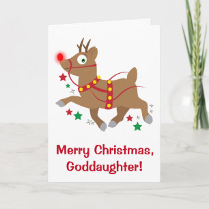 Goddaughter Christmas with Red-Nosed Reindeer Holiday Card