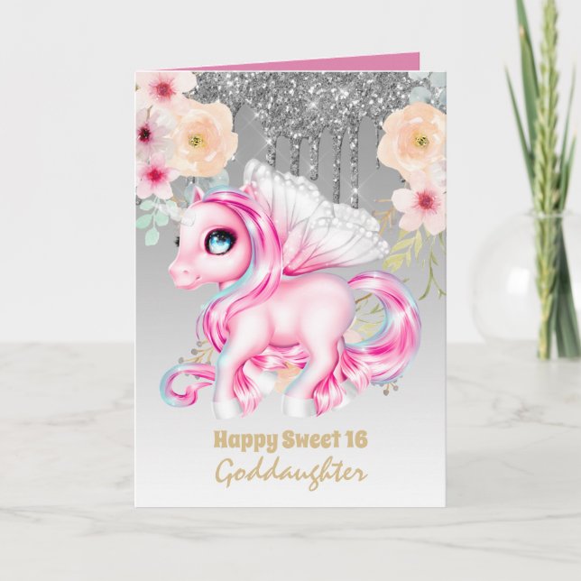 Goddaughter Cute Unicorn Birthday ANY AGE Card (Front)