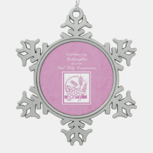 Goddaughter First Communion, Pink Snowflake Pewter Christmas Ornament