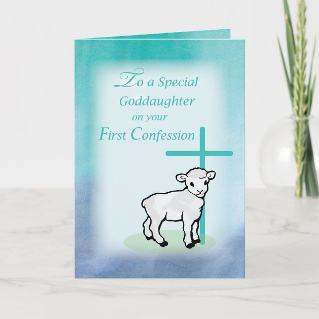 Goddaughter First Confession Lamb Cross on Teal Card (Front)